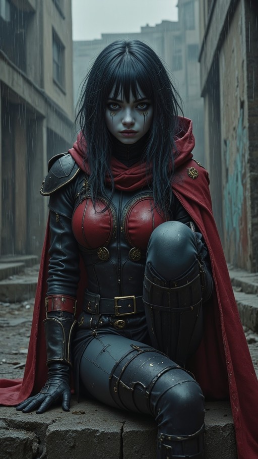 A young woman with long black hair and yellow eyes wearing black armor and a red cape sits on a stone block in the rain, looking at the viewer.