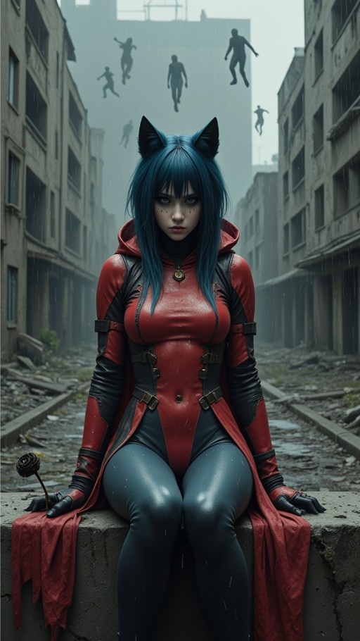 A blue-haired woman with cat ears in a red bodysuit sits on rubble in a ruined city with floating shadows.