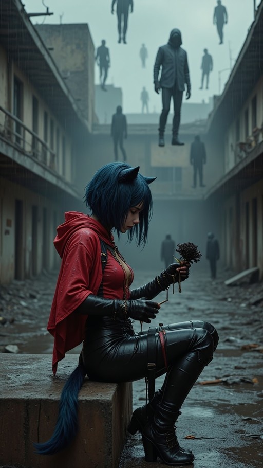 A blue-haired girl with animal ears and a tail sits in the rain holding a flower while giant figures float above ruined buildings.