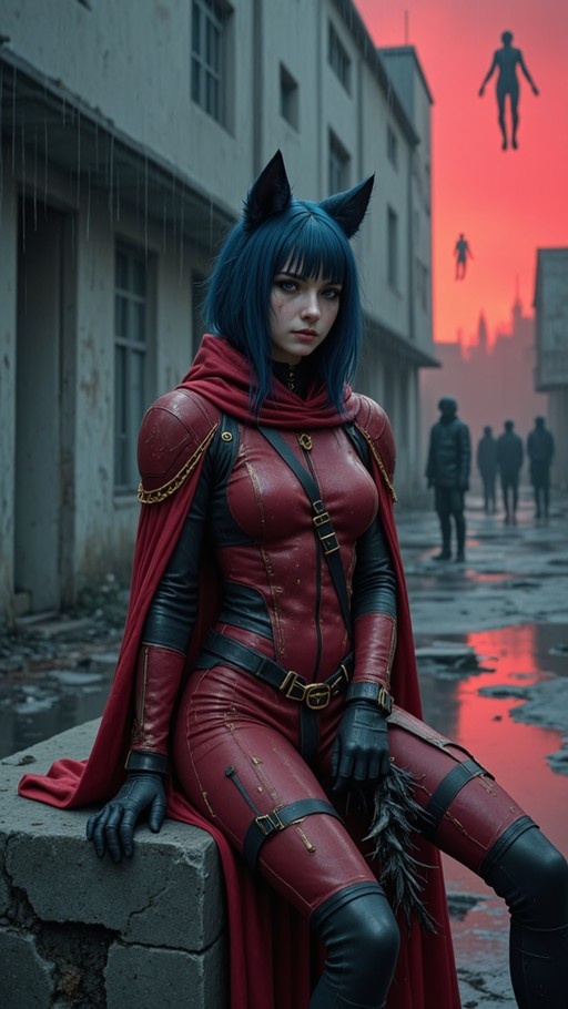 A blue-haired girl with cat ears wearing a red bodysuit and cape sits in the rain near ruined buildings while floating figures appear in the sky.