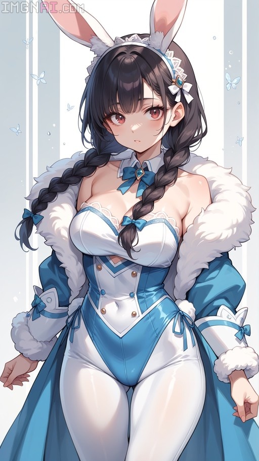 Anime girl with dark twin braids and red eyes wearing a blue bunny leotard and fur coat.