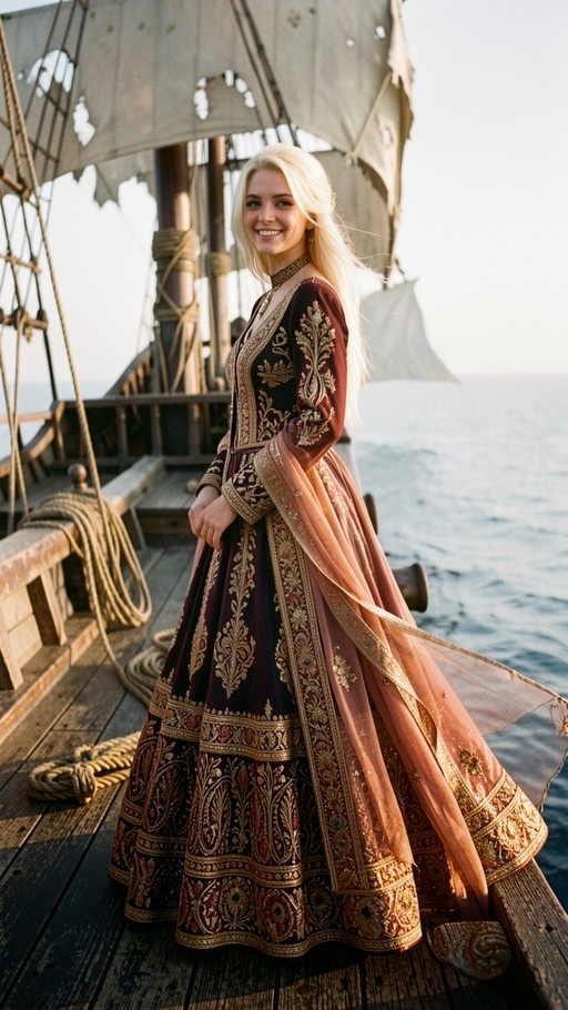 A full-body shot of a smiling blonde woman in an ornate dark purple and gold embroidered gown standing on the wooden deck of a sailing ship with tattered sails behind her.