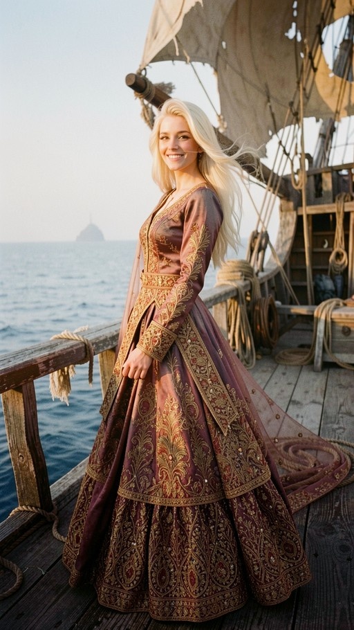 A smiling blonde woman in a detailed maroon and gold gown stands on the deck of a wooden ship with the ocean behind her.