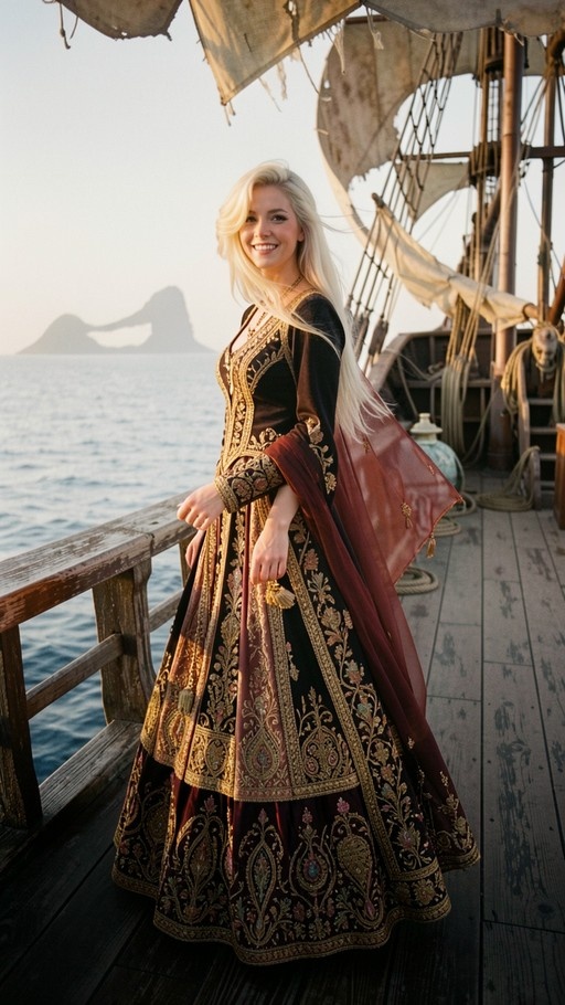 A smiling blonde woman in an ornate gold-embroidered dress stands on the deck of a wooden ship with the ocean in the background.