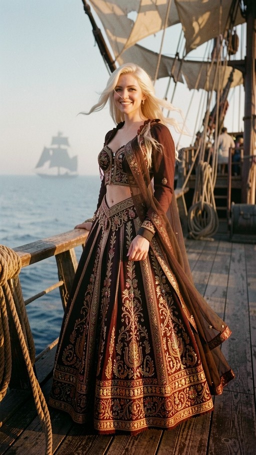 Hailey Bieber in a maroon and gold pirate costume standing on a wooden ship deck