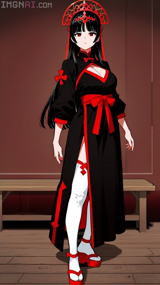 Full body digital illustration of an anime girl with long black hair and red eyes, wearing a black dress with red accents and white thigh-highs, standing indoors near a bench.