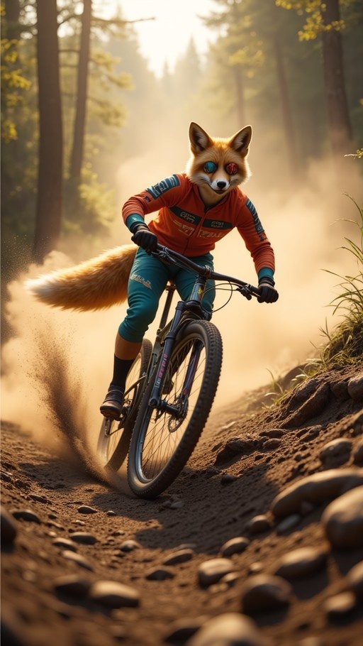 An anthropomorphic fox with heterochromatic eyes rides a mountain bike on a dirt path in a sunlit forest, kicking up dust.
