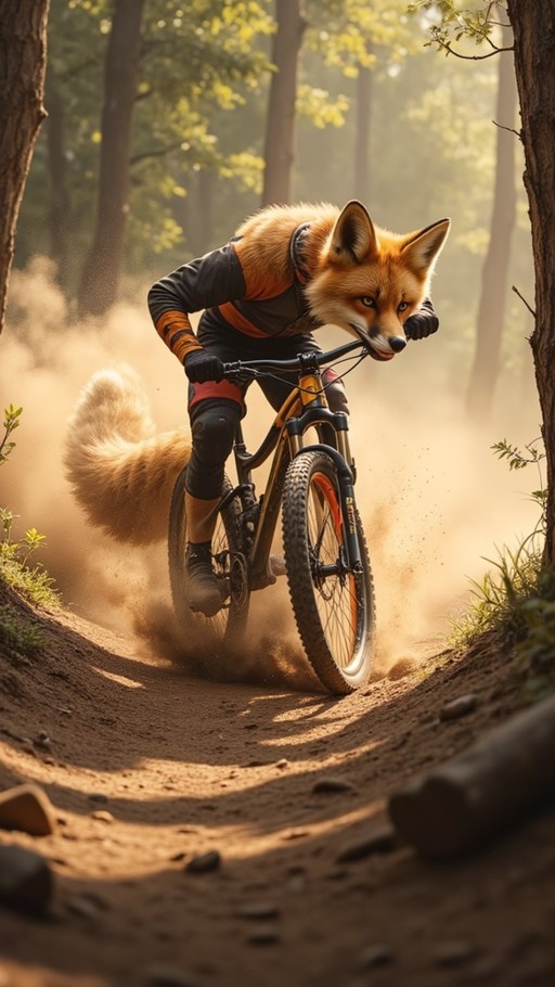 Anthropomorphic orange fox riding a mountain bike down a dusty forest path.