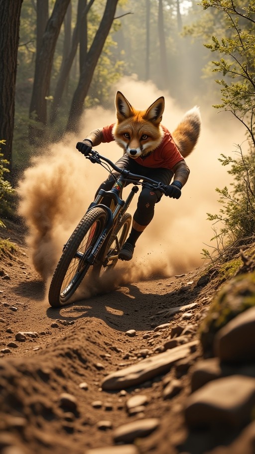 An anthropomorphic fox character with orange fur and a bushy tail rides a mountain bike down a dusty forest path, wearing a red t-shirt and black protective gear.
