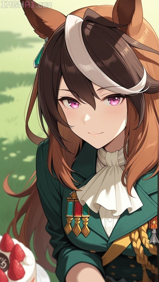 Symboli Rudolf from Umamusume wearing a green military-style jacket and holding a strawberry cake outdoors.