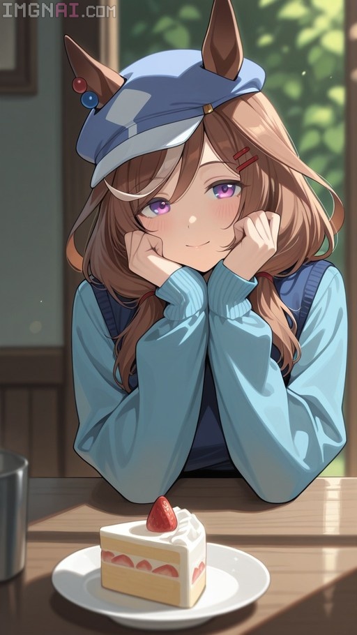 Matikane Tannhauser with horse ears and a blue hat resting her chin on her hands while looking at a slice of strawberry shortcake.