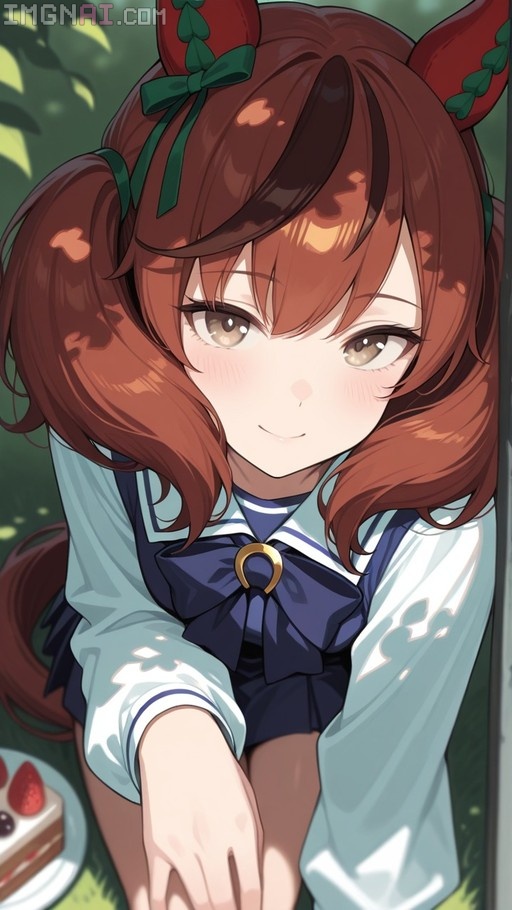 Nice Nature from Umamusume in a Tracen Academy uniform smiling with a slice of cake nearby.