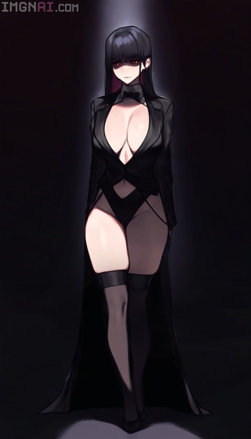 Full body illustration of a woman with black hair and red eyes in a film noir style, wearing a black leotard and sheer jacket under a spotlight.