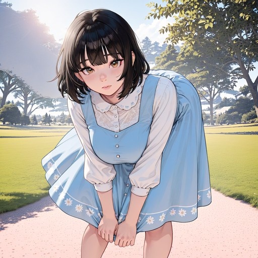 An anime-style illustration of a young woman with short black hair and brown eyes wearing a light blue floral pinafore dress over a white blouse, leaning forward on an outdoor path while holding her skirt hem.
