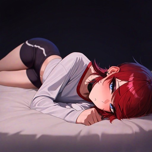 An anime boy with short red hair and blue eyes lies on his side on a bed, wearing a white long-sleeved shirt and black shorts while looking at the viewer.