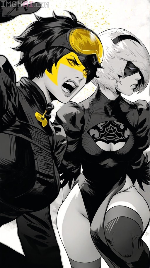 Greyscale illustration of 2B and Tracer arguing with yellow spot color accents