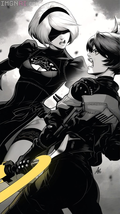 Greyscale digital illustration showing 2B from Nier: Automata and Tracer from Overwatch in an angry confrontation, featuring a single yellow sword blade.