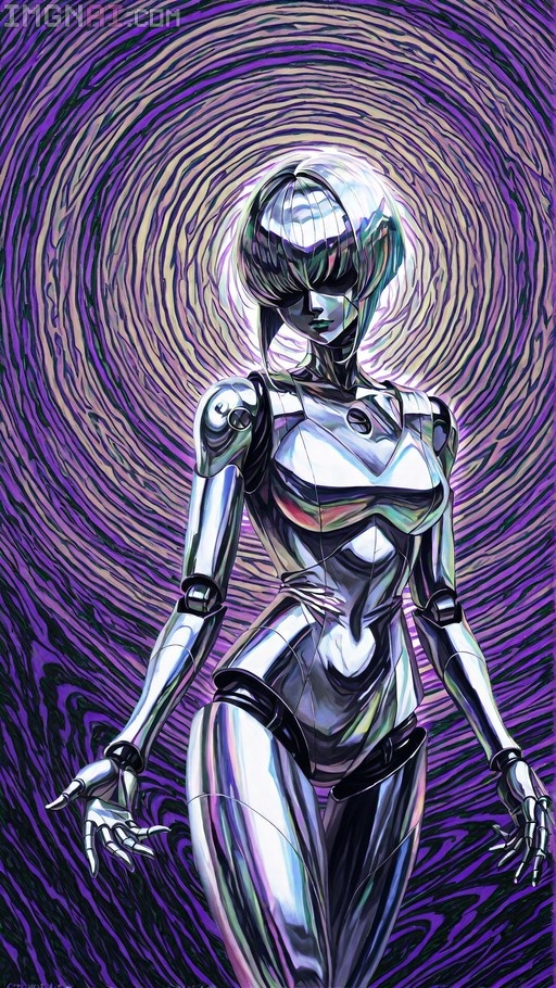 A faceless female android with shiny chrome metal skin and visible mechanical joints stands against a swirling purple and beige psychedelic spiral background in a vintage fracture mosaic art style.
