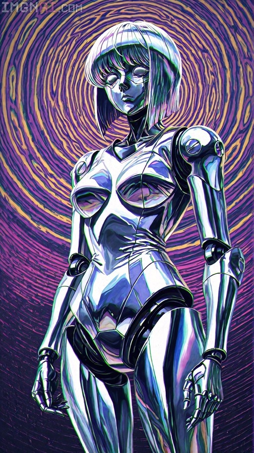 A chrome-plated female android with short white hair and visible mechanical joints stands against a swirling purple and orange psychedelic background in a 1980s sci-fi style.