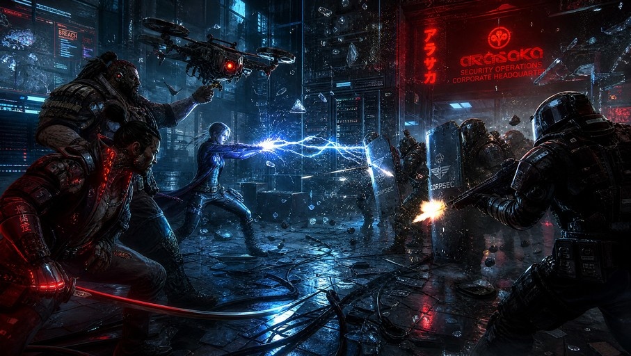 Cyberpunk mercenaries fighting armored Corpsec soldiers inside a shattered Arasaka headquarters with flying glass and neon lights.