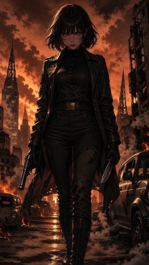 A woman in a black leather trench coat holding a gun and knife walks through a burning city street with skyscrapers in the background.