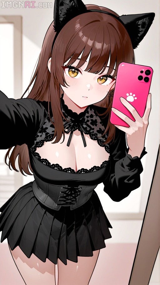 An anime girl with brown hair and cat ears takes a mirror selfie in a black corset dress, holding a pink phone with a paw print sticker.