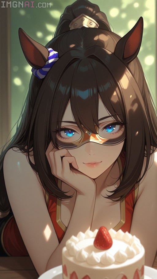 El Condor Pasa from Uma Musume wearing a domino mask and resting her chin on her hand with a strawberry shortcake in the foreground.