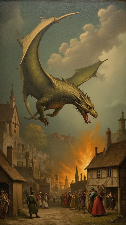 A large green dragon with spread wings flies over a medieval village street where villagers watch as fire burns in the background buildings.