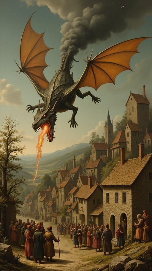 A large dark dragon with orange wings breathes fire over a medieval village while people watch from the street below.