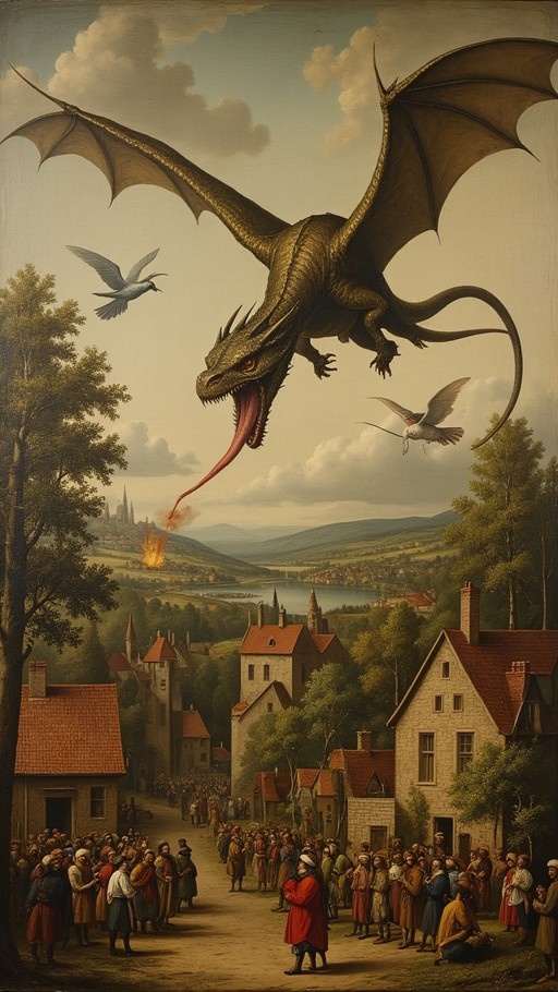 A massive dragon with spread wings and an extended tongue flies over a medieval village where villagers gather in the streets below.