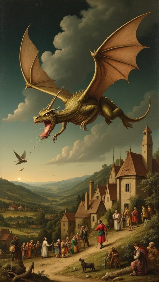 A large golden dragon with spread wings flies over a medieval village where people in period clothing look up from the streets below.