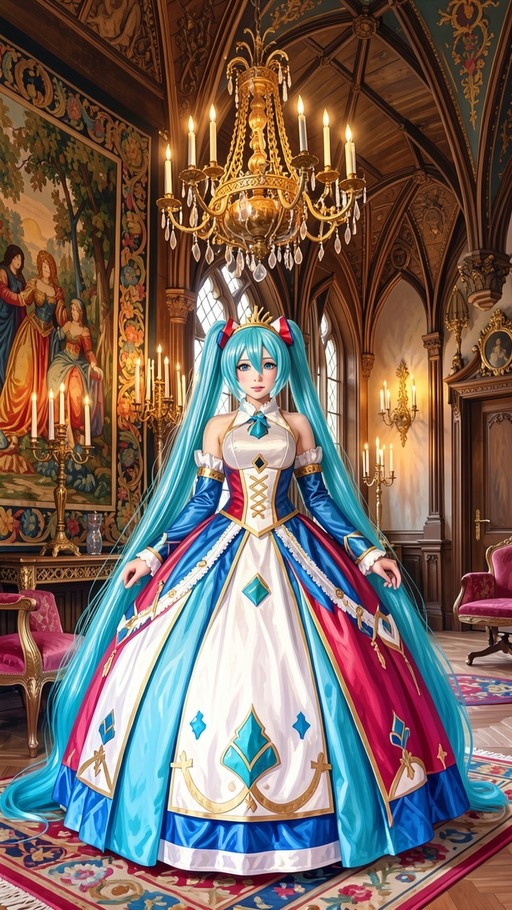 Full body shot of Hatsune Miku with long teal twin-tails wearing an elaborate royal ballgown, standing beneath a large golden chandelier in a grand hall with tapestries.