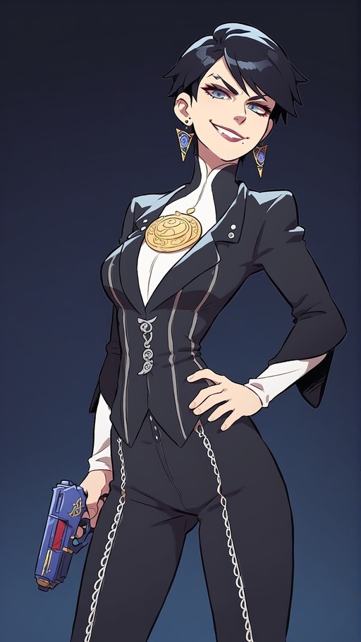 A digital illustration of Bayonetta standing with a hand on her hip and holding a blue pistol, wearing a black suit and gold jewelry against a dark background.