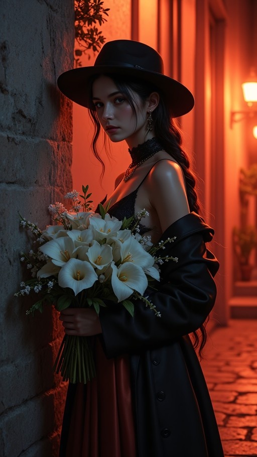 A young woman in a black hat and coat holds white calla lilies while standing against a stone wall in an alley with warm orange lighting.