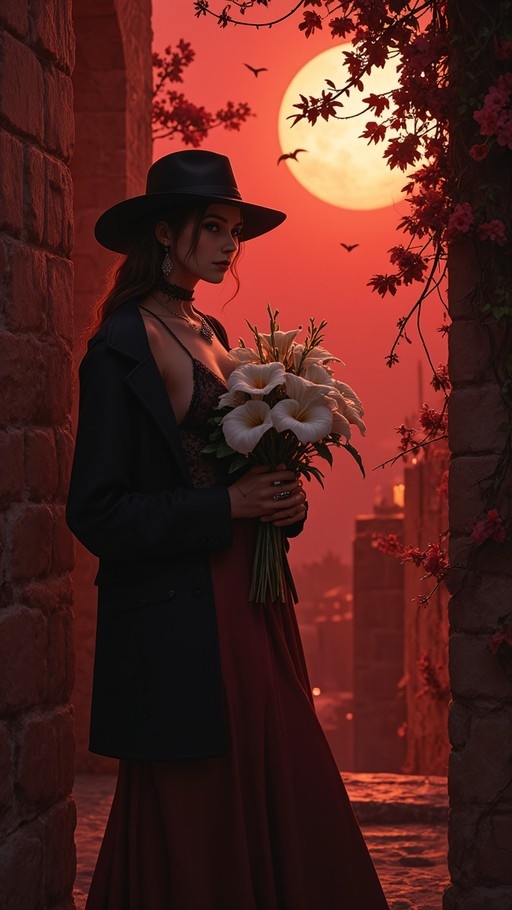 A woman in a black hat and jacket holding white lilies stands in an archway against a red sky with a full moon.