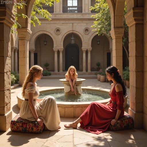 Three women in historical dresses sit and lean around a stone fountain in a sunlit courtyard with Moorish arches.