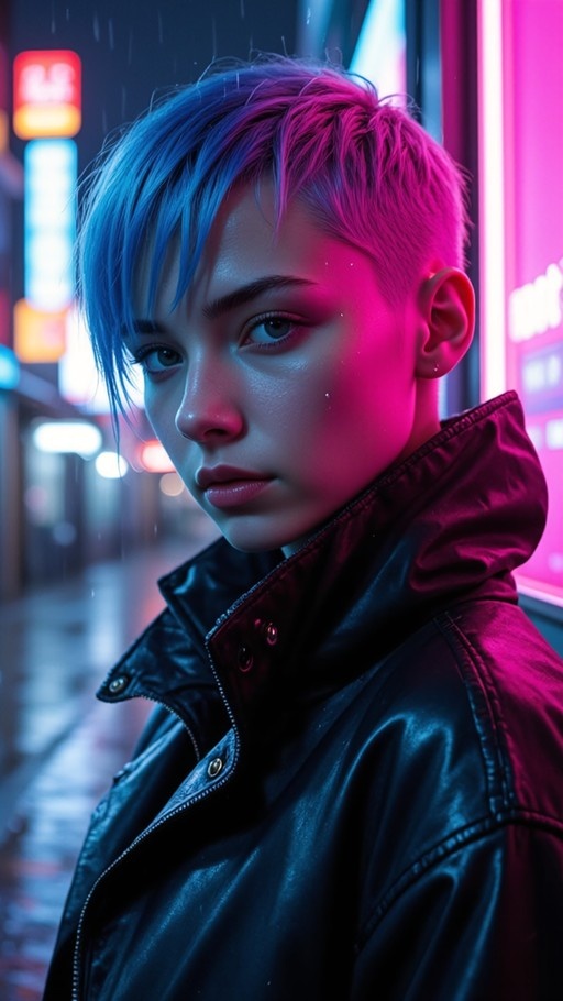 A young woman with short blue and pink hair wearing a black leather jacket stands in the rain under neon lights.