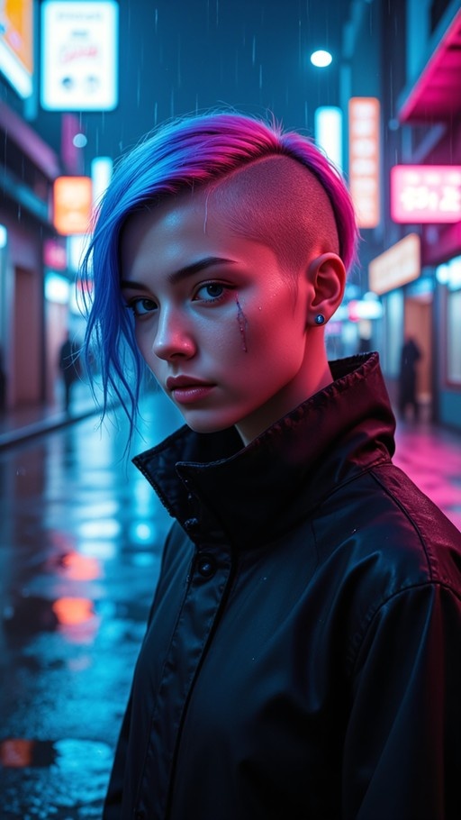 A young woman with a blue and pink undercut stands in the rain under neon signs, wearing a black jacket and looking at the viewer.