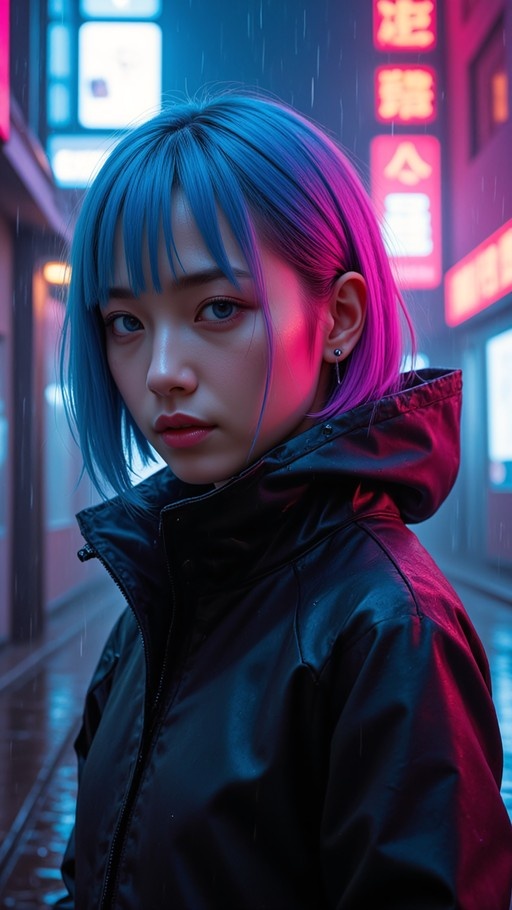 A young woman with short blue hair stands in the rain under neon lights, wearing a black jacket.