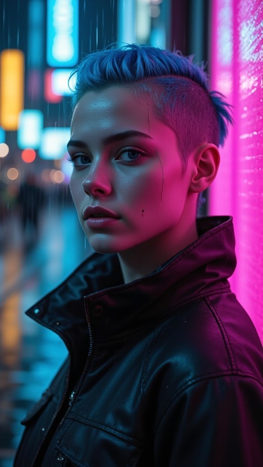 A young woman with short blue hair and an undercut stands in the rain wearing a black leather jacket, illuminated by pink and blue neon lights.