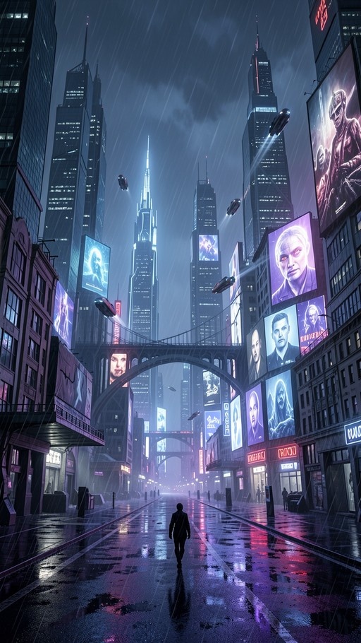 A lone figure walks down a rainy cyberpunk street lined with tall buildings and glowing neon signs under a dark sky.