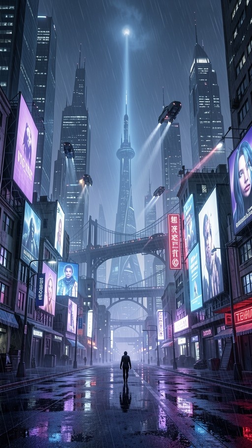A lone figure walks down a rain-slicked street in a futuristic cyberpunk city with neon signs and flying vehicles.