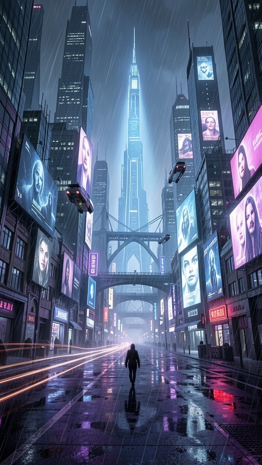 A solitary figure walks down a rain-slicked street in a futuristic cyberpunk city filled with towering skyscrapers, glowing neon signs, and flying vehicles.