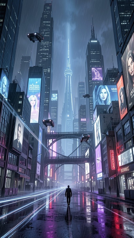 A lone figure walks down a wet street in a rainy futuristic cyberpunk city filled with skyscrapers, flying vehicles, and glowing holographic billboards.
