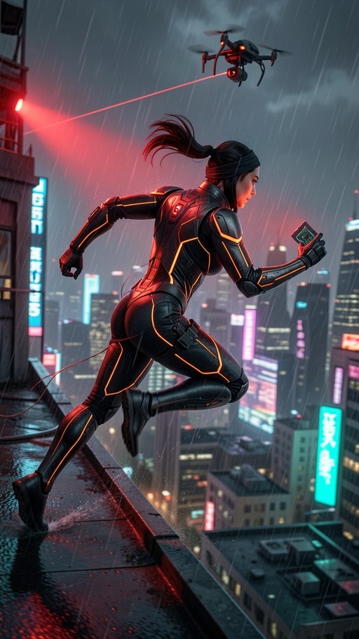 A woman in a futuristic black bodysuit with orange lights runs across a wet city rooftop at night while being chased by a drone firing a red laser.