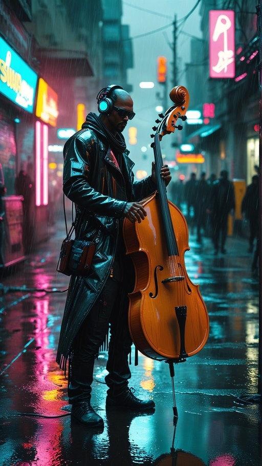 A dark-skinned man in a leather coat and headphones plays a cello on a rainy neon-lit city street.