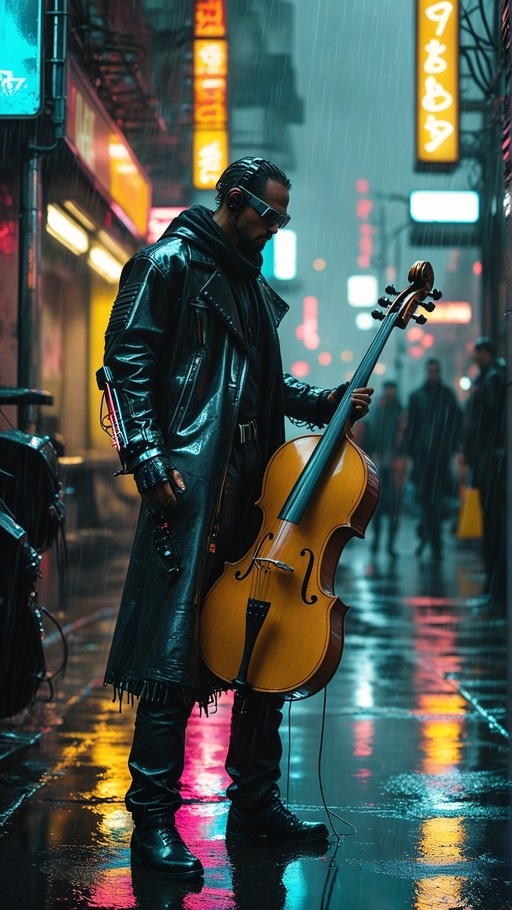 A man wearing a long black leather coat and sunglasses stands holding a cello on a wet city street at night, illuminated by colorful neon signs.