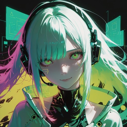A close-up digital illustration of an anime-style girl with long white and pink hair wearing large black headphones. She has bright green eyes and a subtle smile, set against a dark background with glowing green holographic screens.