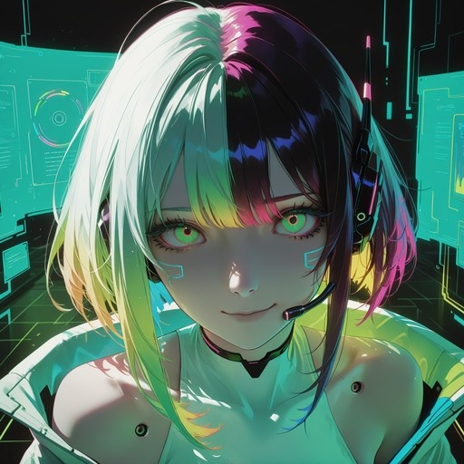 Anime-style portrait of Lucy with split-color hair and green eyes wearing a headset in front of glowing teal screens.