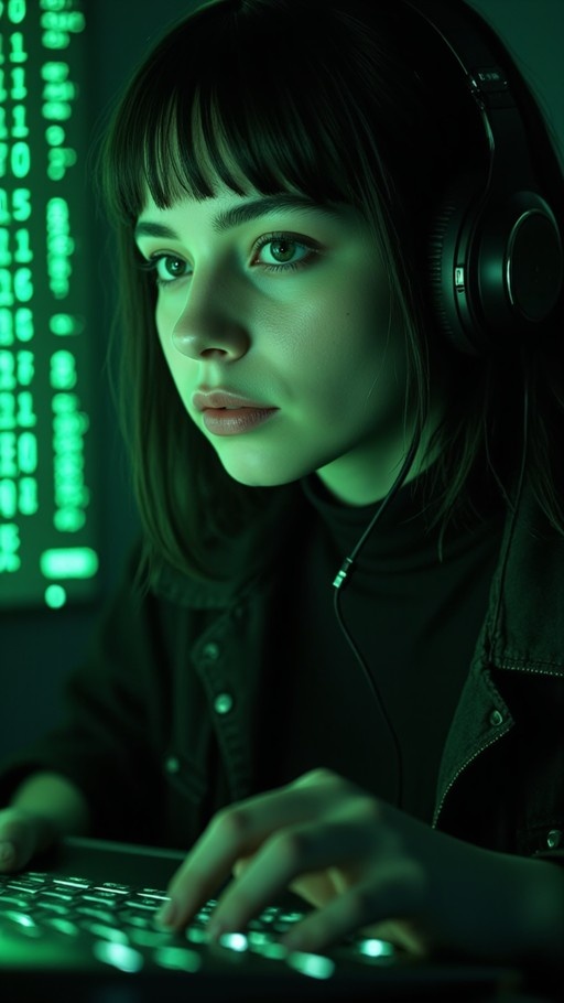 A young woman with dark hair and bangs wearing headphones types on a laptop keyboard, illuminated by green computer code in the background.